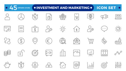 Investment & Marketing icons set. Content, search, marketing, e-commerce, SEO, electronic devices, internet, analysis, social, and more line icon. Editable stroke outline icon.