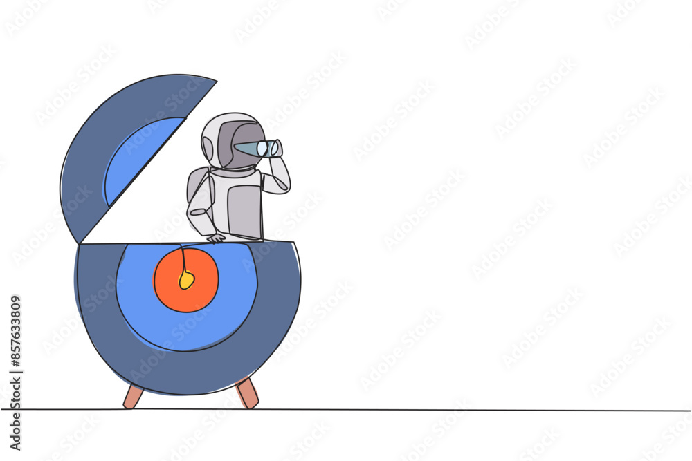 Poster continuous one line drawing astronaut emerges from arrow target board look for something with binocu