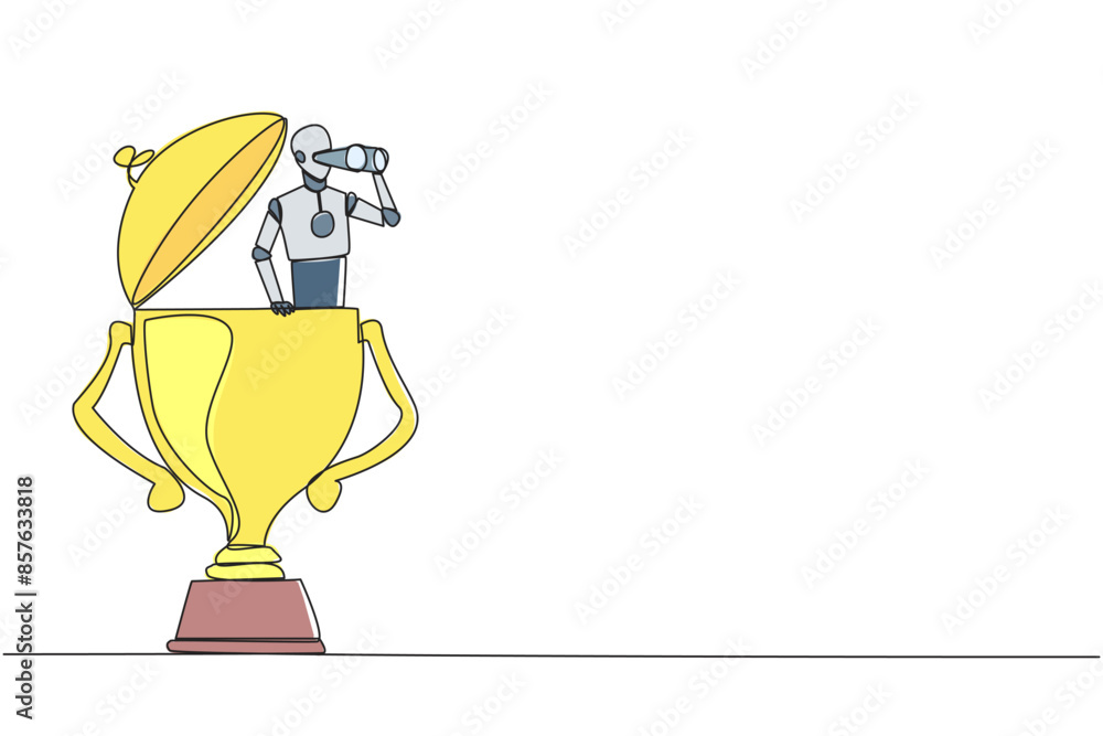 Poster single continuous line drawing a robot emerges from trophy looking for something through binoculars.