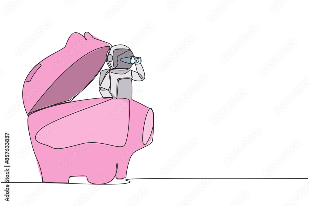 Poster single continuous line drawing astronaut emerges from piggy bank looking for something through binoc