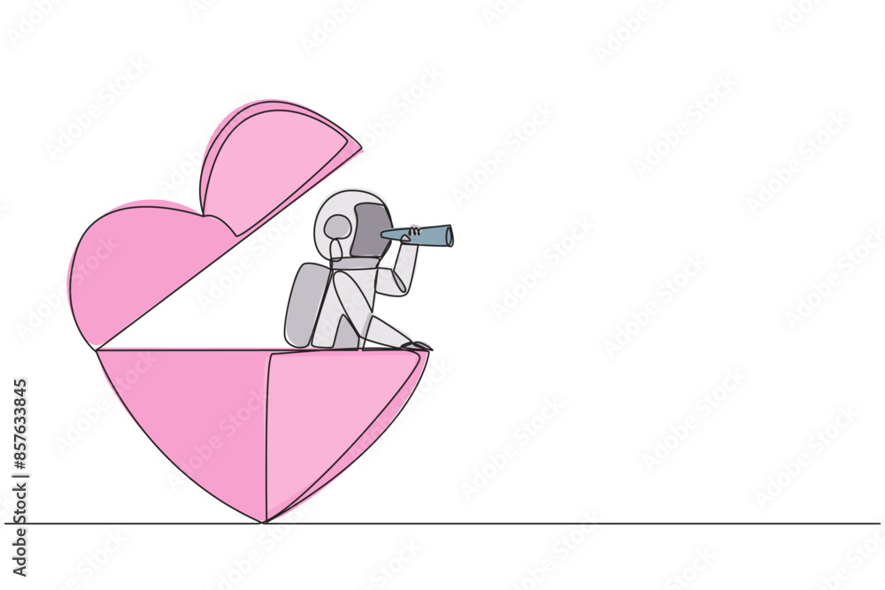 Poster single continuous line drawing astronaut emerges from heart shape look for something with binoculars
