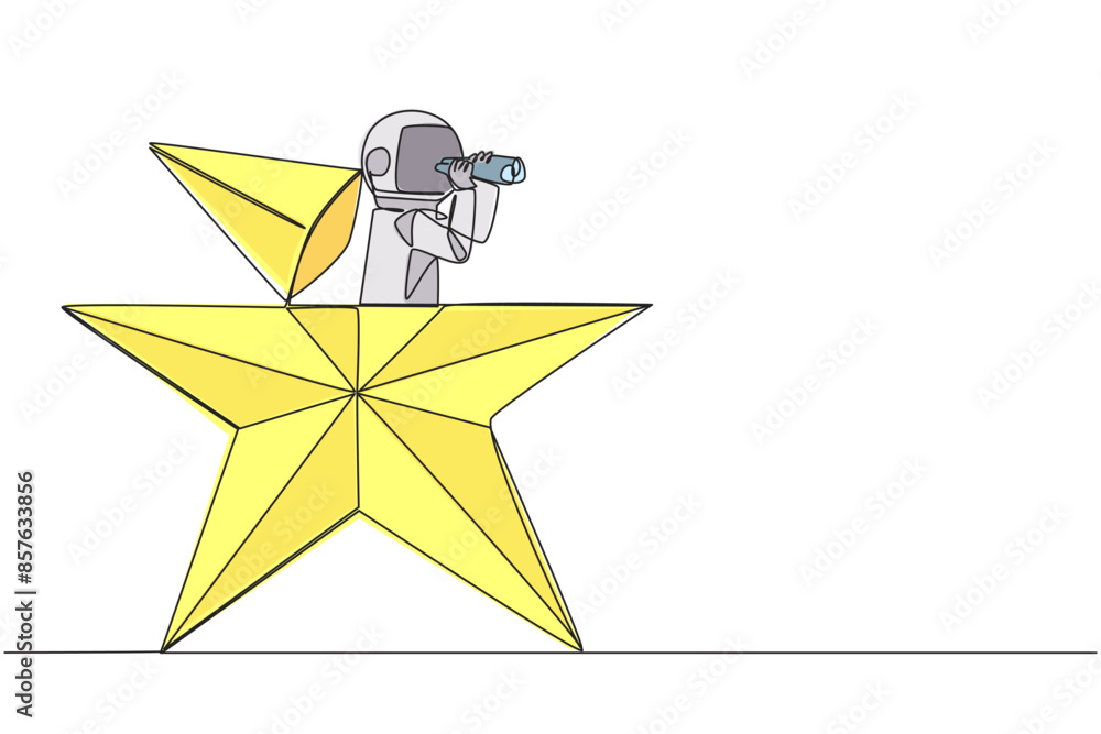 Aufkleber continuous one line drawing astronaut emerges from star shape look for something through binoculars.