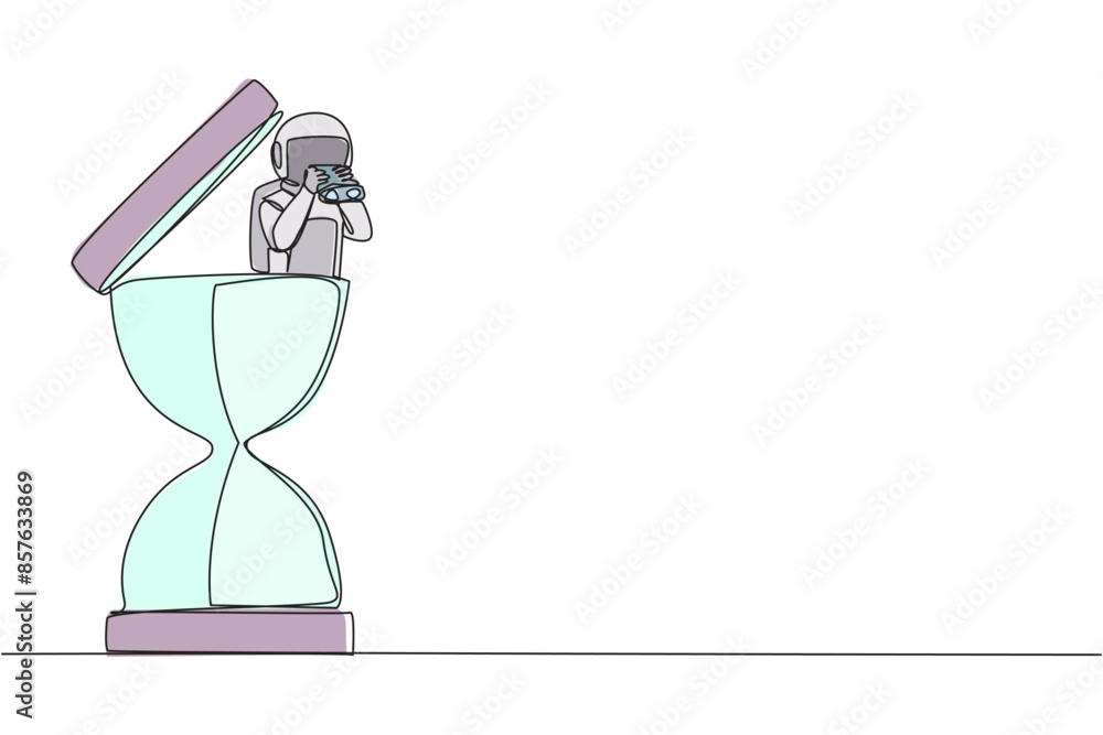 Poster continuous one line drawing astronaut emerges from hourglass looking for something through binocular