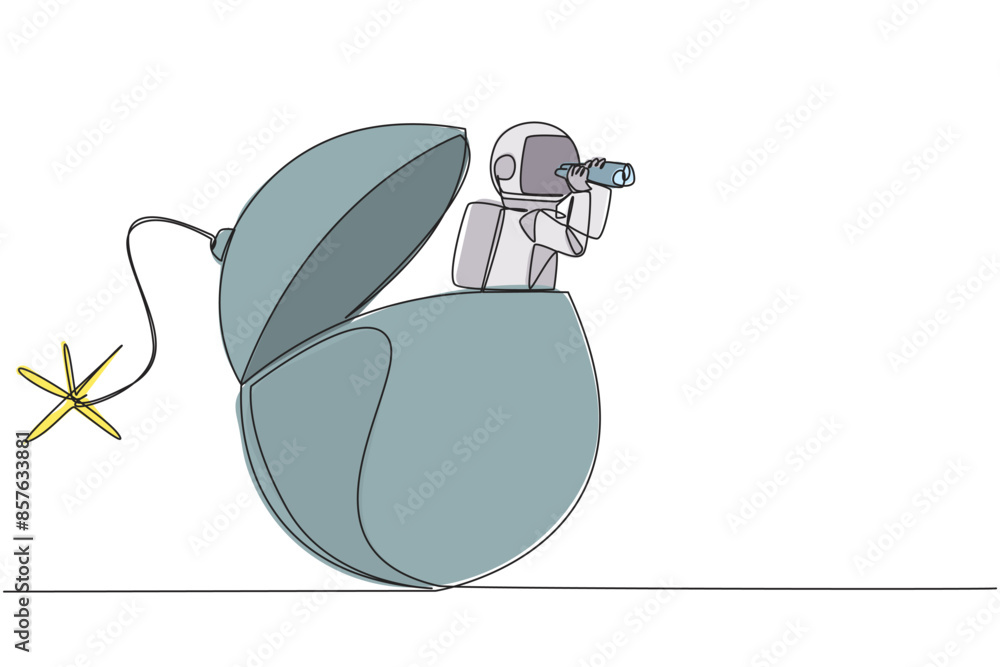 Poster single one line drawing astronaut emerges from bomb with burning fuse looking for something through 