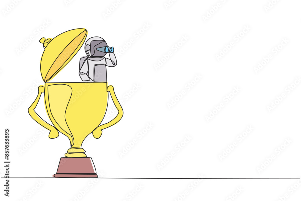 Poster single one line drawing astronaut emerges from trophy looking for something with binoculars. looks f