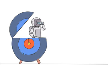 Continuous one line drawing astronaut emerges from arrow target board look for something with binocular. Invite to focus on observation to quickly return to earth. Single line draw vector illustration