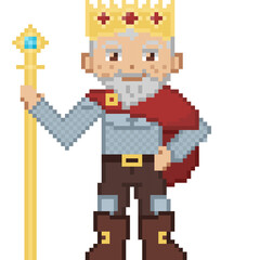 A retro-styled pixel-art illustration of a king wearing armor and holding a golden staff.