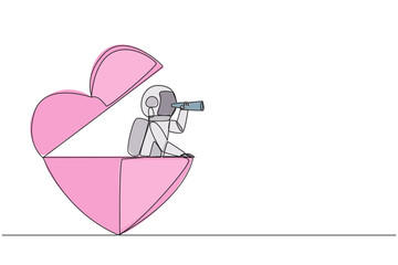 Single continuous line drawing astronaut emerges from heart shape look for something with binoculars. Strong determination to get married after returning from expedition. One line vector illustration
