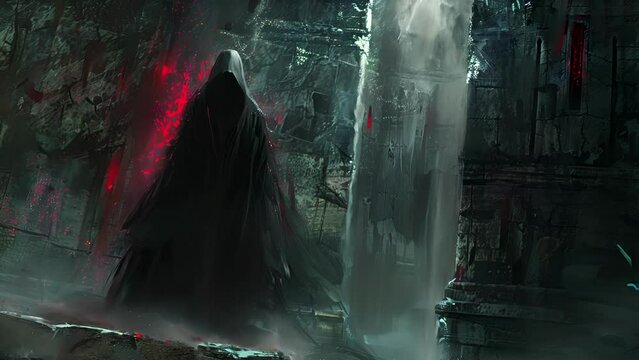 A shadowy figure with piercing red eyes materializes within the forgotten crypt guarding its secrets with a fierce protectiveness.