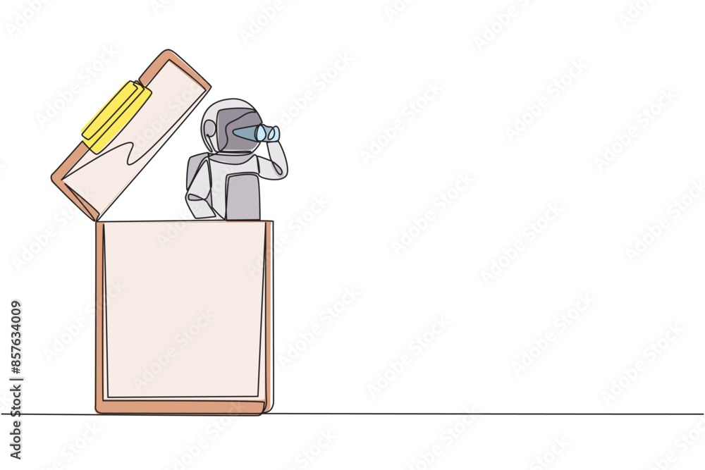 Poster single continuous line drawing astronaut emerges from clipboard looking for something through binocu