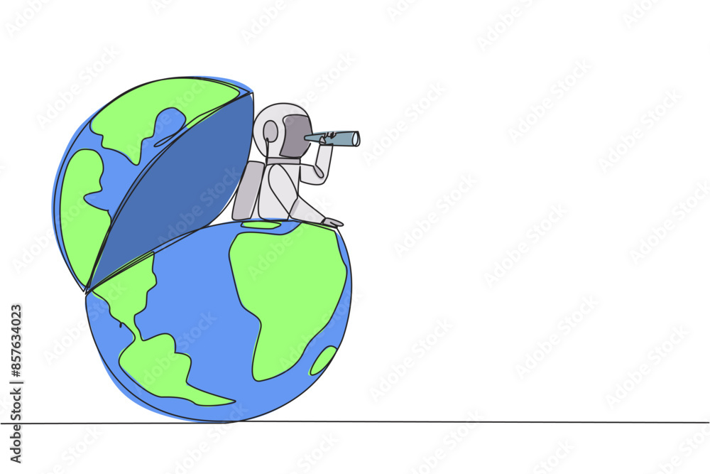 Poster continuous one line drawing astronaut emerges from globe look for something with binoculars. highlig