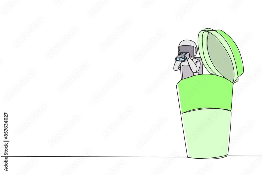 Aufkleber single one line drawing astronaut emerges from paper cup look for something with binocular. look for