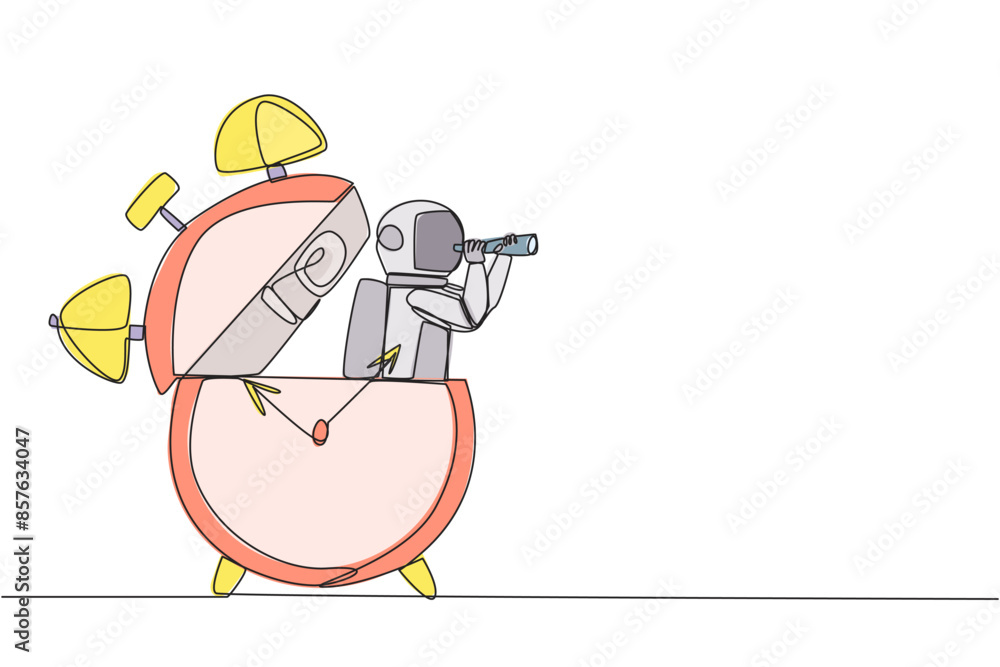 Poster continuous one line drawing astronaut emerges from alarm clock looking for something with binocular.