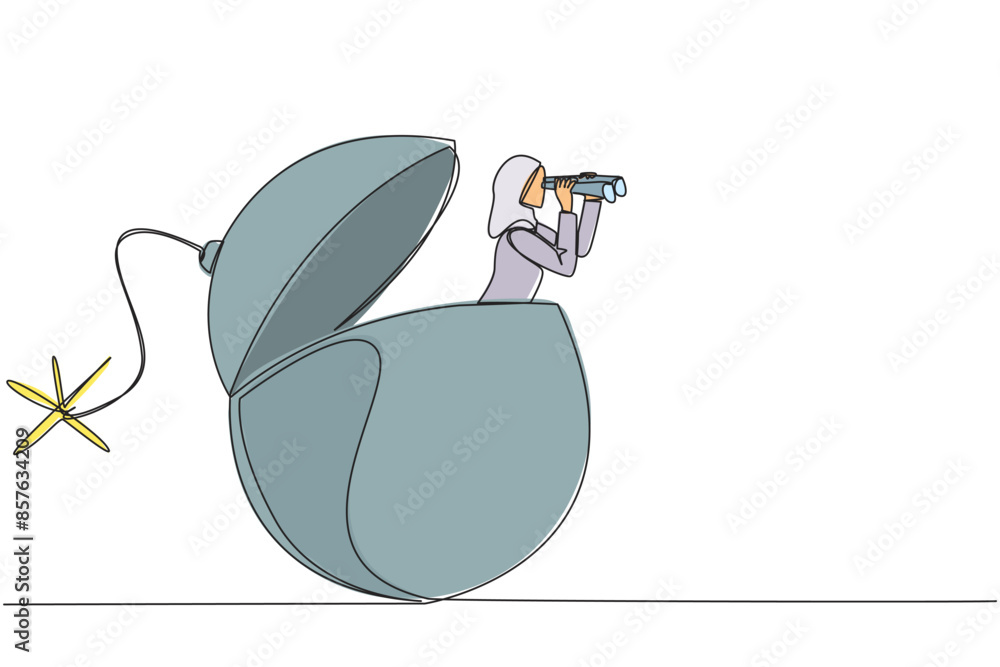Poster continuous one line drawing arabian businesswoman emerges from a bomb with burning fuse looking for 