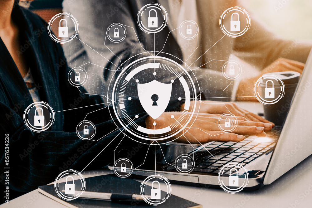 Poster cyber security and digital data protection concept. icon interface showing secure firewall technolog