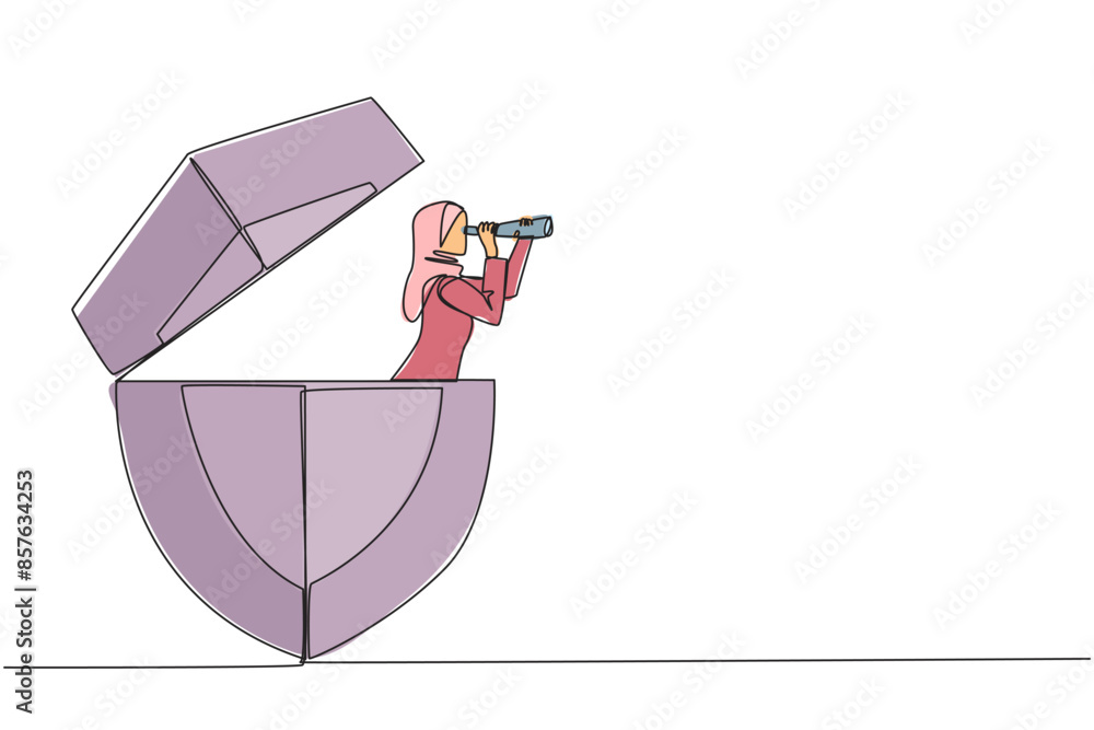Poster single continuous line drawing arab businesswoman emerges from shield look for something with binocu