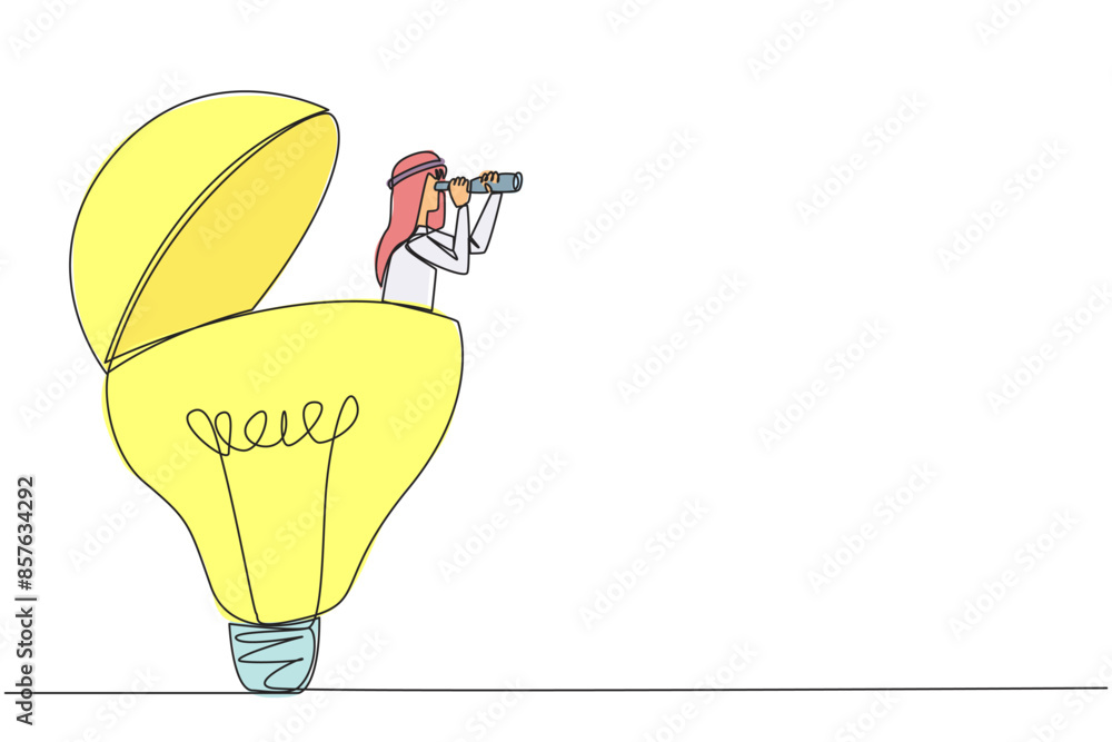Poster continuous one line drawing arabian businessman pops out of a lightbulb looking for something throug