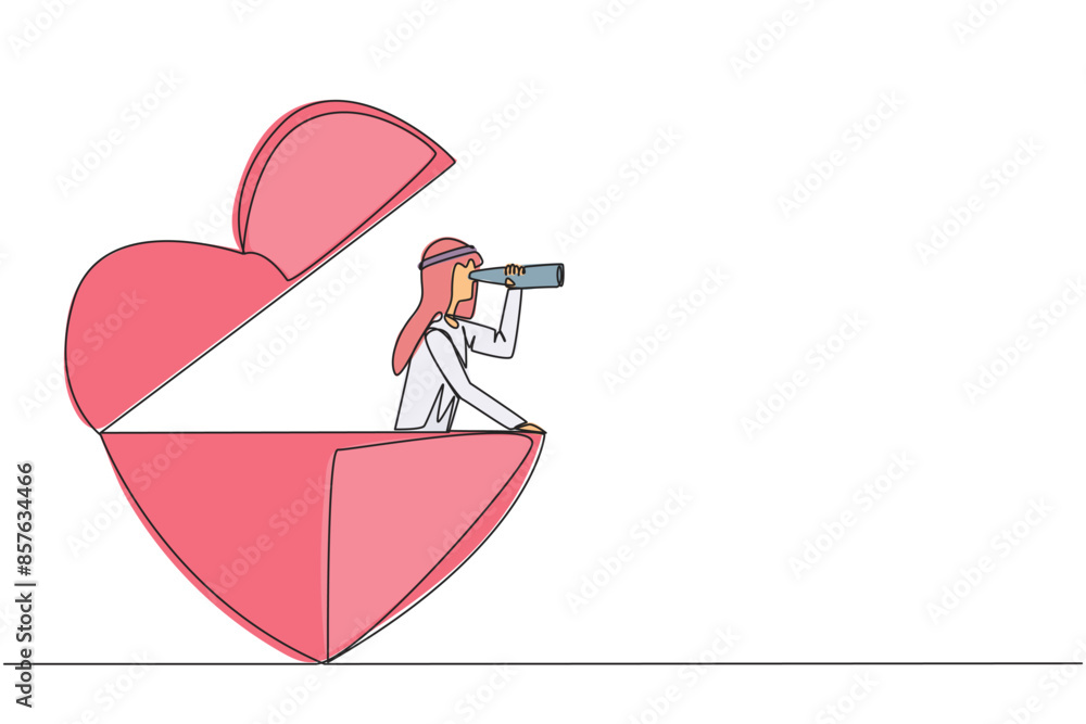 Poster continuous one line drawing arabian businessman appears out of a heart shape looking for something t