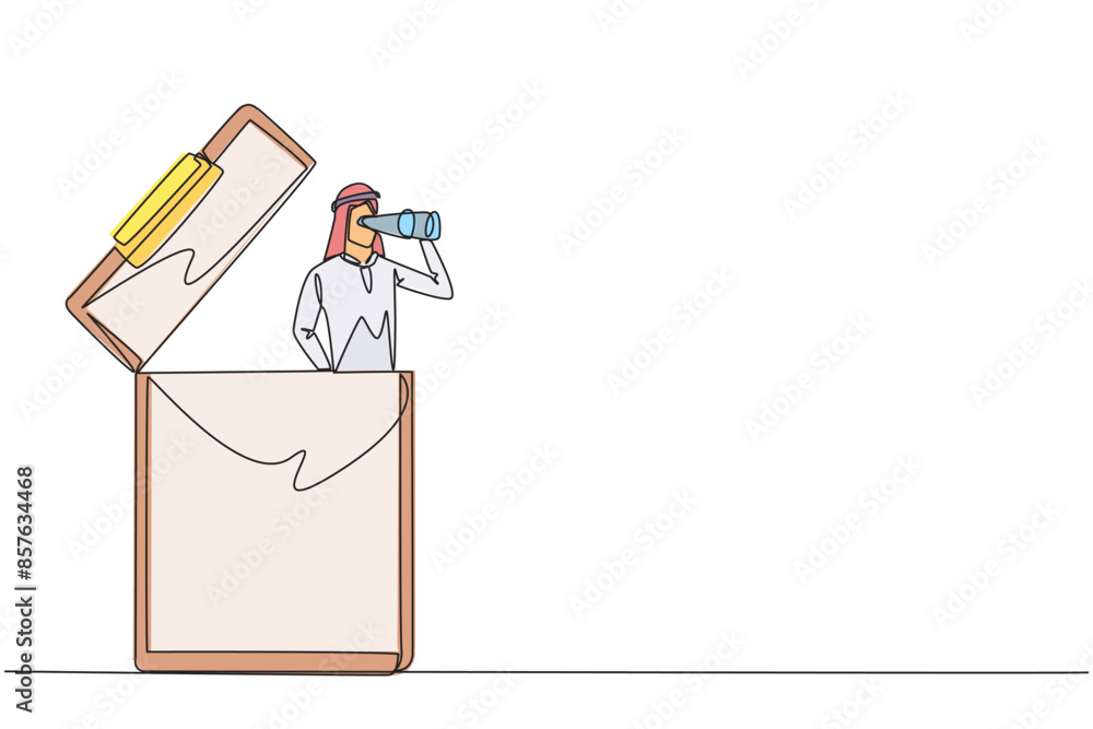 Poster single one line drawing arab businessman pops out of clipboard looking for something through binocul