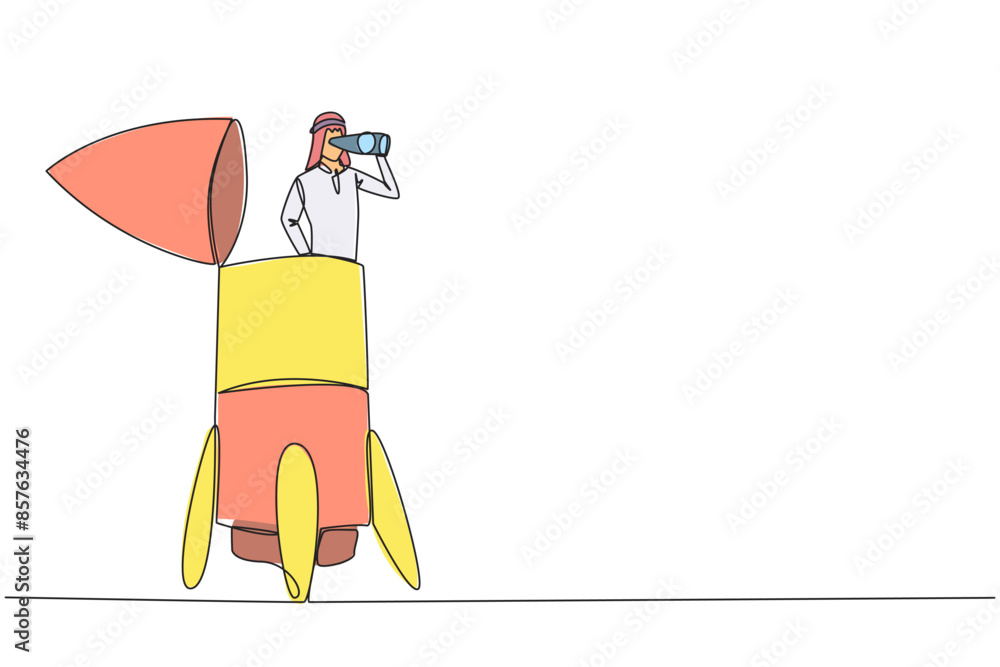 Poster single continuous line drawing arab businessman emerges from rocket looking for something through bi