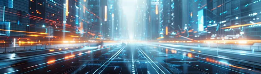 Obraz premium A futuristic city street with glowing lights and a bright, open pathway.