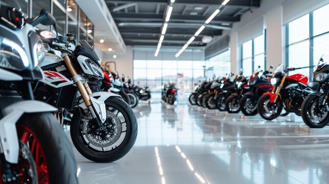 A lot of new motorcycles is in showroom. Store interior with motorbikes, mopeds, scooters and racing equipment selling.