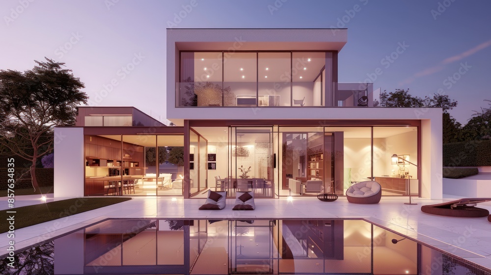 Poster a large white house with a pool and a large glass window. generate ai image