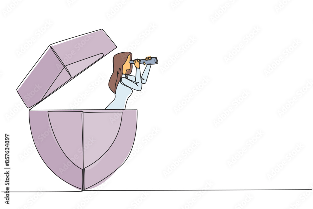 Poster continuous one line drawing businesswoman comes out of shield looking for something through binocula
