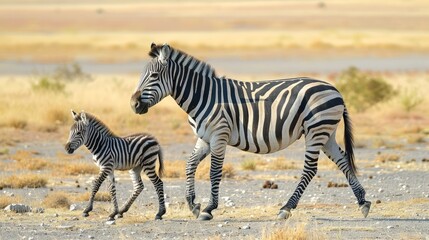Obraz premium Mother zebra walking with her calf on an African safari, seen from the side