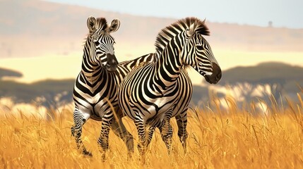 Naklejka premium Two zebras walking in the golden grass