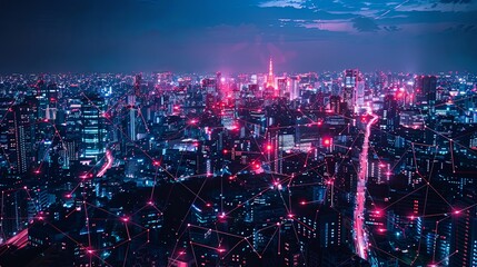 Obraz premium An image of a sprawling urban area, brightly lit and interconnected with a digital network, capturing the essence of modern city life and technological interconnectedness.