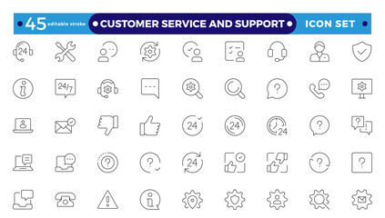 Customer Service and Support - Outline Icon Collection.Thin-line modern style of customer service icons: feedback, technical support, assistance, information, and more. Editable stroke outline icon.
