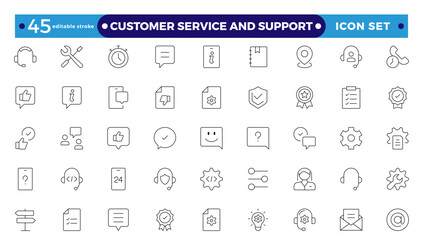 Customer Service and Support - Outline Icon Collection.Thin-line modern style of customer service icons: feedback, technical support, assistance, information, and more. Editable stroke outline icon.
