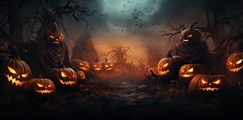 scary halloween background featuring a variety of pumpkins, including orange, yellow, and orange - and - yellow pumpkins, arranged in a row from left to right
