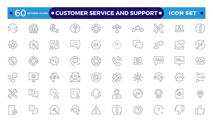 Customer Service and Support - Outline Icon Collection.Thin-line modern style of customer service icons: feedback, technical support, assistance, information, and more. Editable stroke outline icon.
