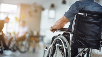 Fototapeta premium Inclusive Community Service: Man in Wheelchair at Bright Volunteer Event - Disability Inclusion, Insurance, Accessibility Banner