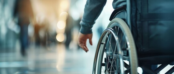 Promoting Disability Inclusion in Technology: Man in Wheelchair Engaging at Tech Conference | Copy Space Banner