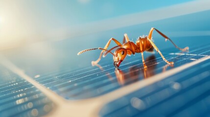 Naklejka premium Macro Close-up of Ant on Solar Panel - Eco-Friendly Green Energy Concept with Detailed Texture of Photovoltaic Surface