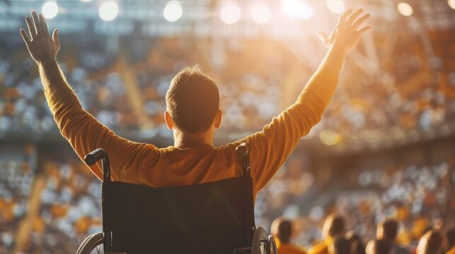 Disability Inclusion in Sports: Man in Wheelchair Cheering at Vibrant Sports Event with Copy Space Banner