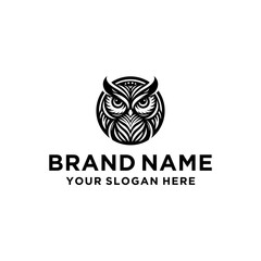 Wise Owl Logo Design. Wise Owl Vector Illustration on Black and White Background. Icon Emblem for Company Branding. Tattoo Art Style. Symbol of Wisdom and Knowledge.