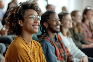 Side view of a diverse audience clapping and smiling during a conference, focus on expressions of enjoyment and engagement