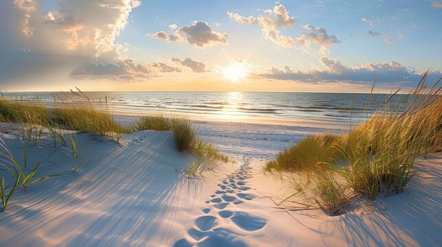 A beach scene with a sunset in the background