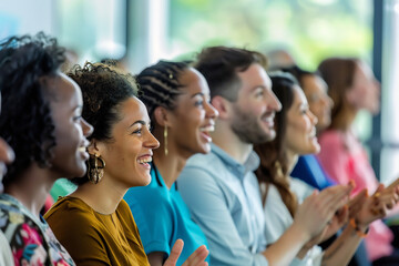 Side view of a diverse audience clapping and smiling during a conference, focus on expressions of enjoyment and engagement