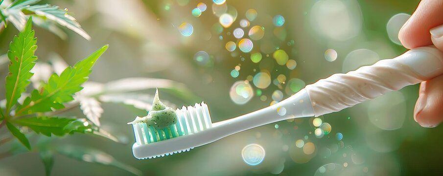 Closeup of a hand squeezing a cannabisinfused toothpaste onto a toothbrush