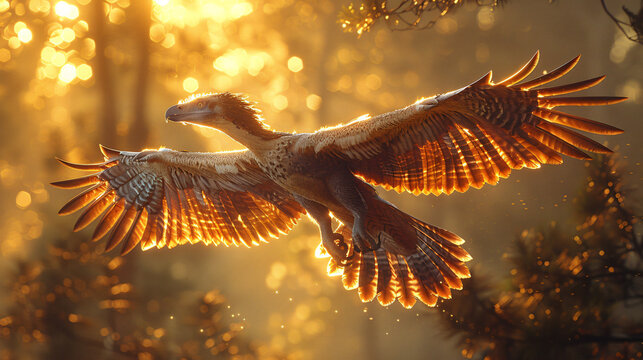 A microraptor with its long, feathered tail outstretched, gliding through the air amidst a canopy of trees, The image showcases the dinosaur's intricate plumage, the texture of the leaves.