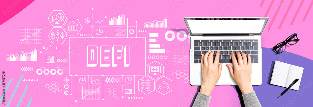 Poster defi - decentralized finance theme with person using a laptop computer