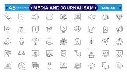 Journalism and mass media outline icon set. Vector illustration. It contains a microphone, journalist, press conference, newspaper social networks. Editable stroke outline icon.