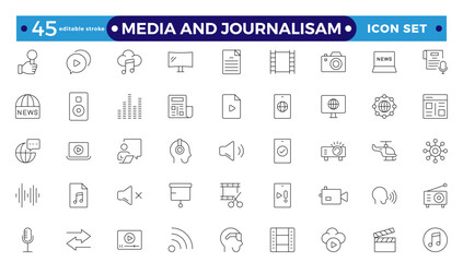 Journalism and mass media outline icon set. Vector illustration. It contains a microphone, journalist, press conference, newspaper social networks. Editable stroke outline icon.