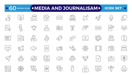 Journalism and mass media outline icon set. Vector illustration. It contains a microphone, journalist, press conference, newspaper social networks. Editable stroke outline icon.