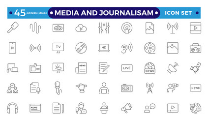 Journalism and mass media outline icon set. Vector illustration. It contains a microphone, journalist, press conference, newspaper social networks. Editable stroke outline icon.